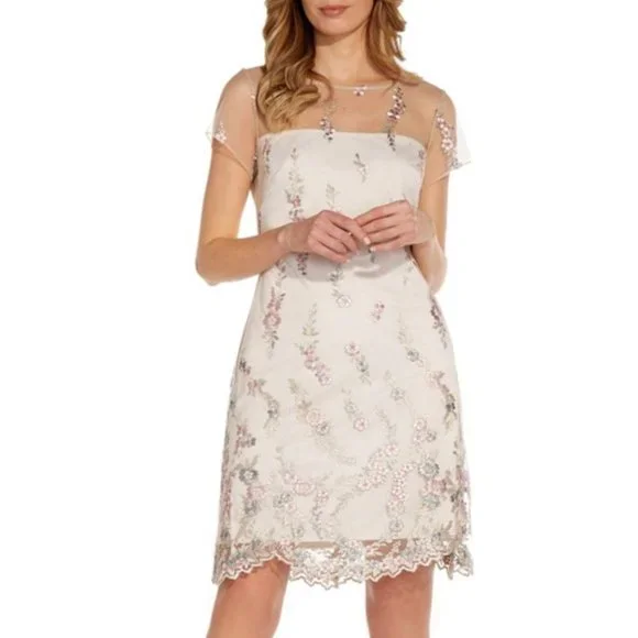 Adrianna Papell | Dresses | Adrianna Papell Floral Embroidery Illusion Lace Shift  Dress Nwt Size 4